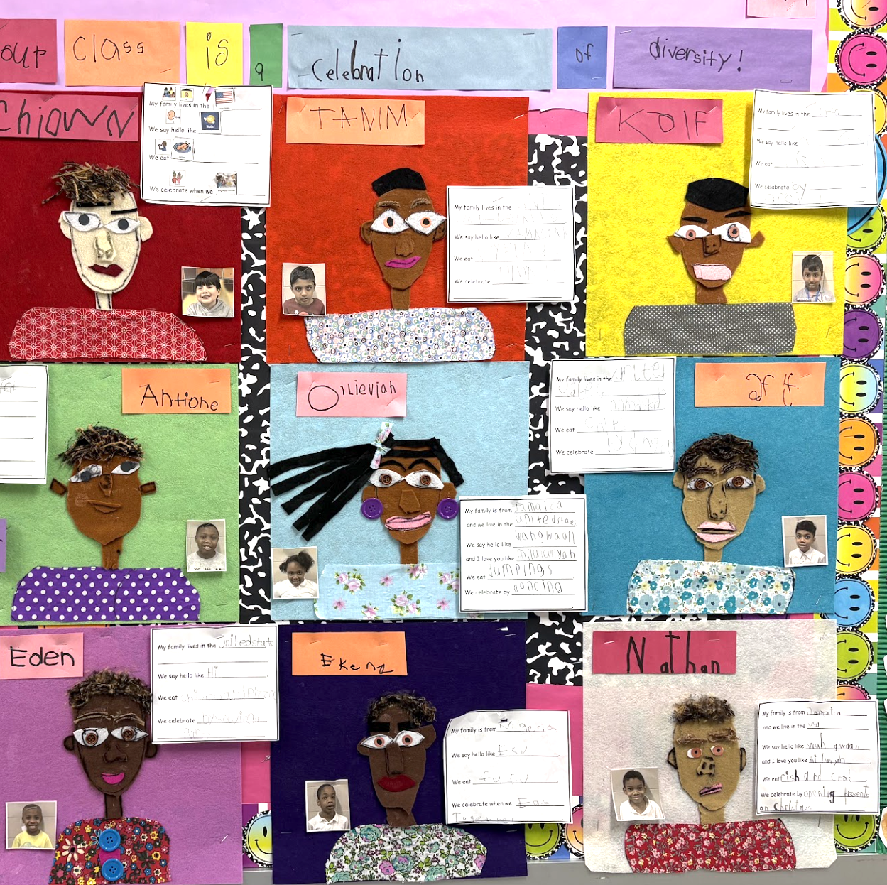 Student self-portraits celebrating classroom diversity